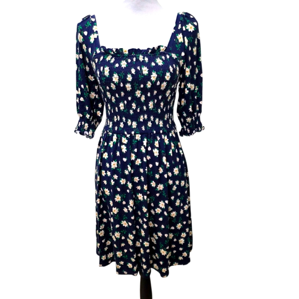 Draper James Jo Dee Dress in Magnolia Blue Floral Smocked Puff Size XS
